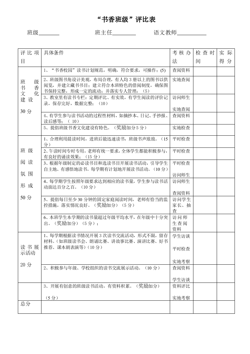 书香班级评比表