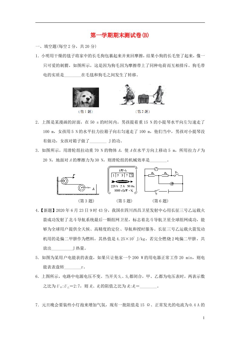 安徽专版2021秋九年级物理上学期期末测试卷B新版粤教沪版