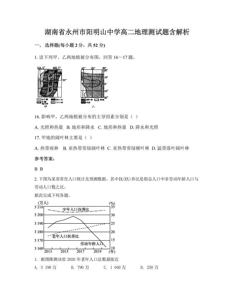 湖南省永州市阳明山中学高二地理测试题含解析