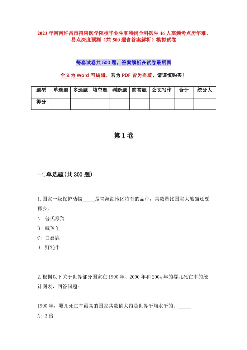 2023年河南许昌市招聘医学院校毕业生和特岗全科医生46人高频考点历年难易点深度预测共500题含答案解析模拟试卷