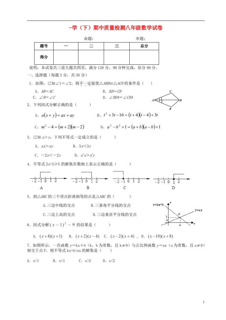 陕西省咸阳市泾阳县中片八级数学下学期期中试题