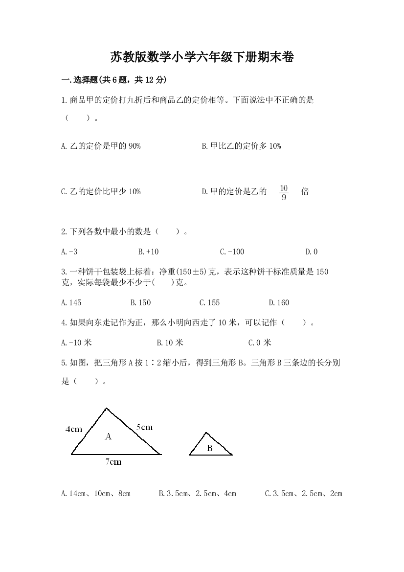 苏教版数学小学六年级下册期末卷【中心小学】