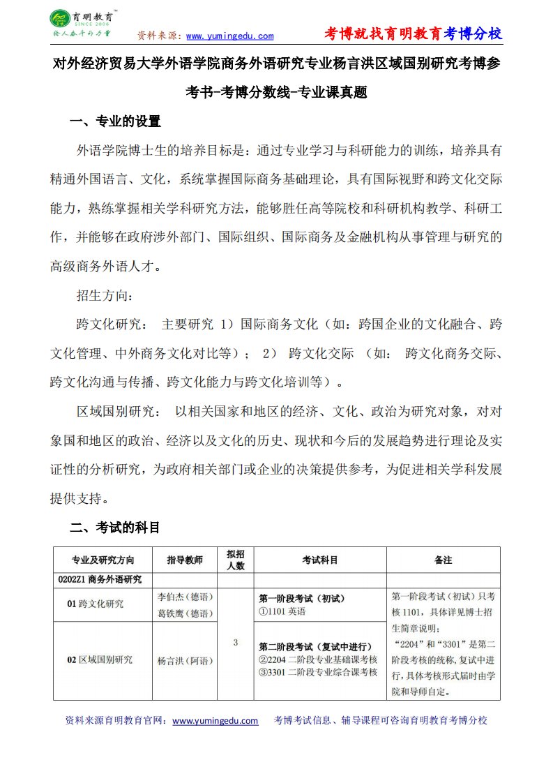 对外经济贸易大学外语学院商务外语研究专业杨言洪区域国别研究考博参考书-考博分数线-专业课真题