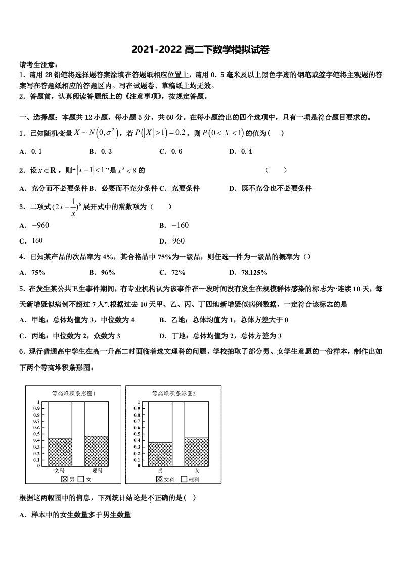 2022届四川省任隆中学数学高二下期末经典模拟试题含解析