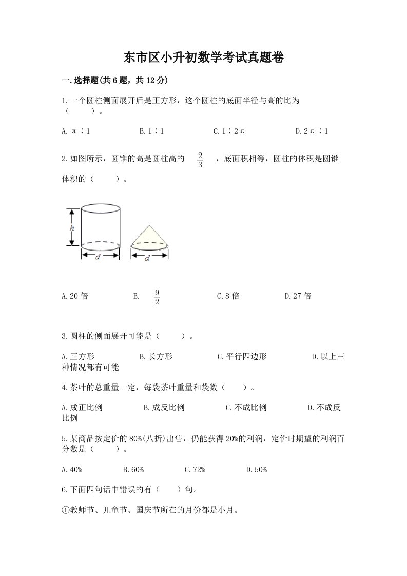 东市区小升初数学考试真题卷审定版