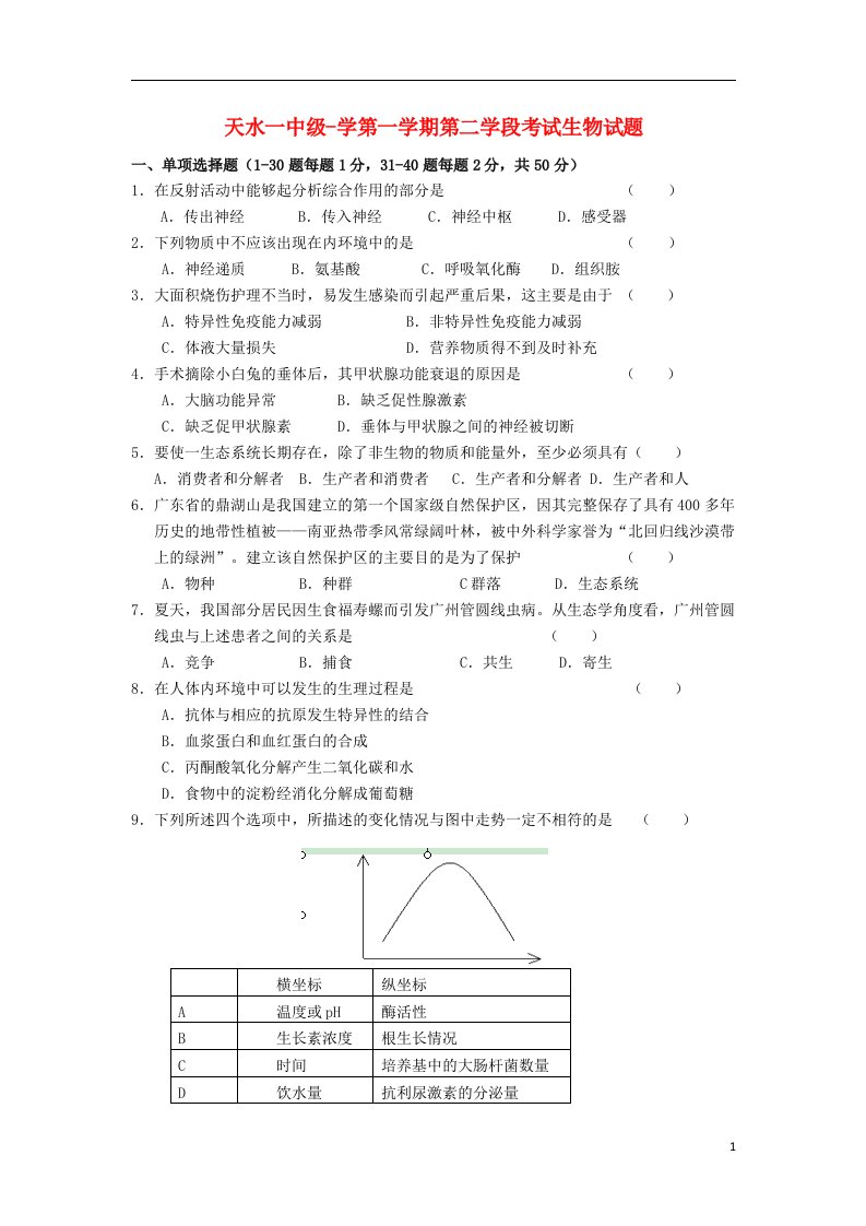 甘肃省天水市高二生物上学期第二学段考试试题新人教版