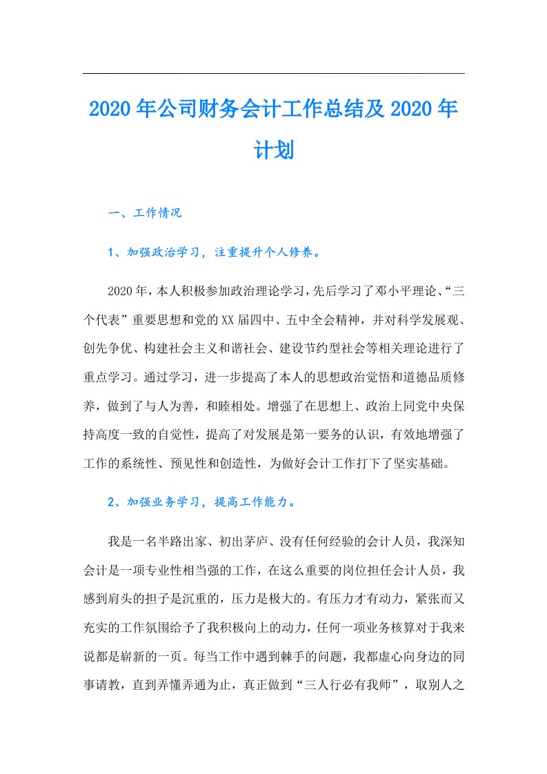 公司财务会计工作总结及计划