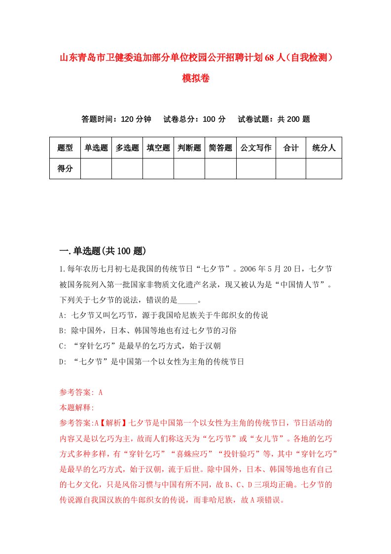 山东青岛市卫健委追加部分单位校园公开招聘计划68人自我检测模拟卷第8版