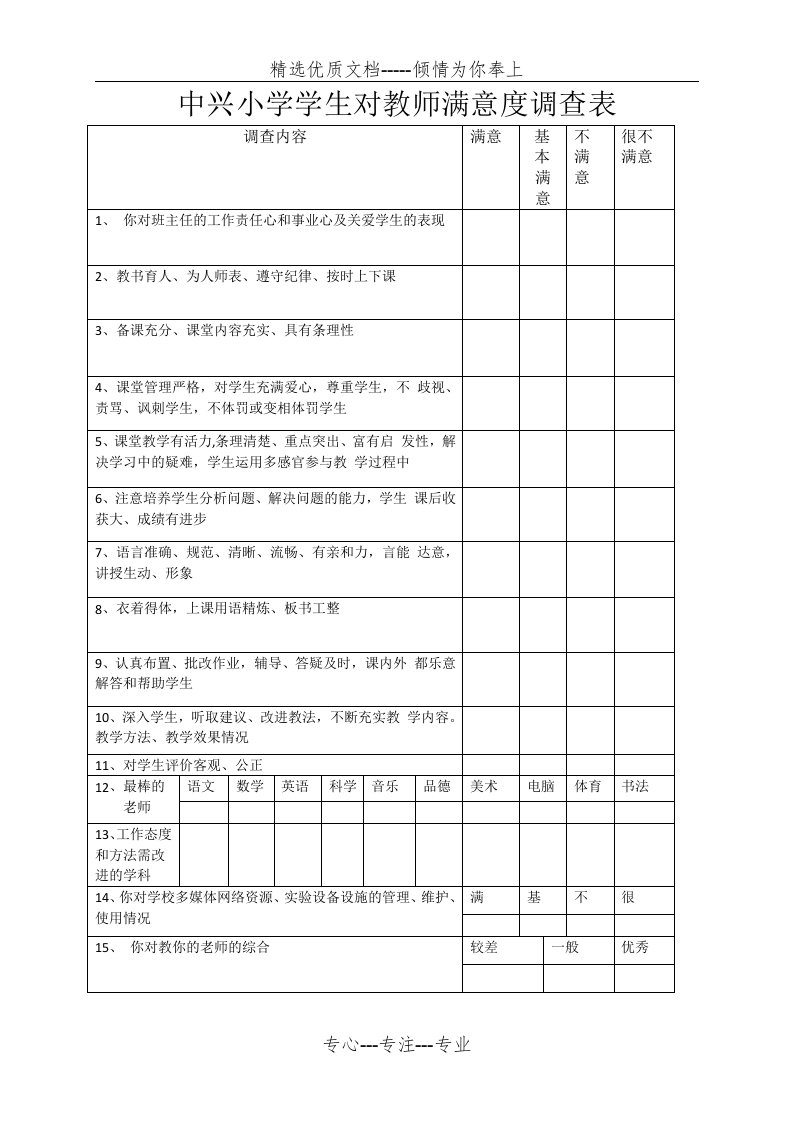 中兴小学学生对教师满意度调查表(共1页)