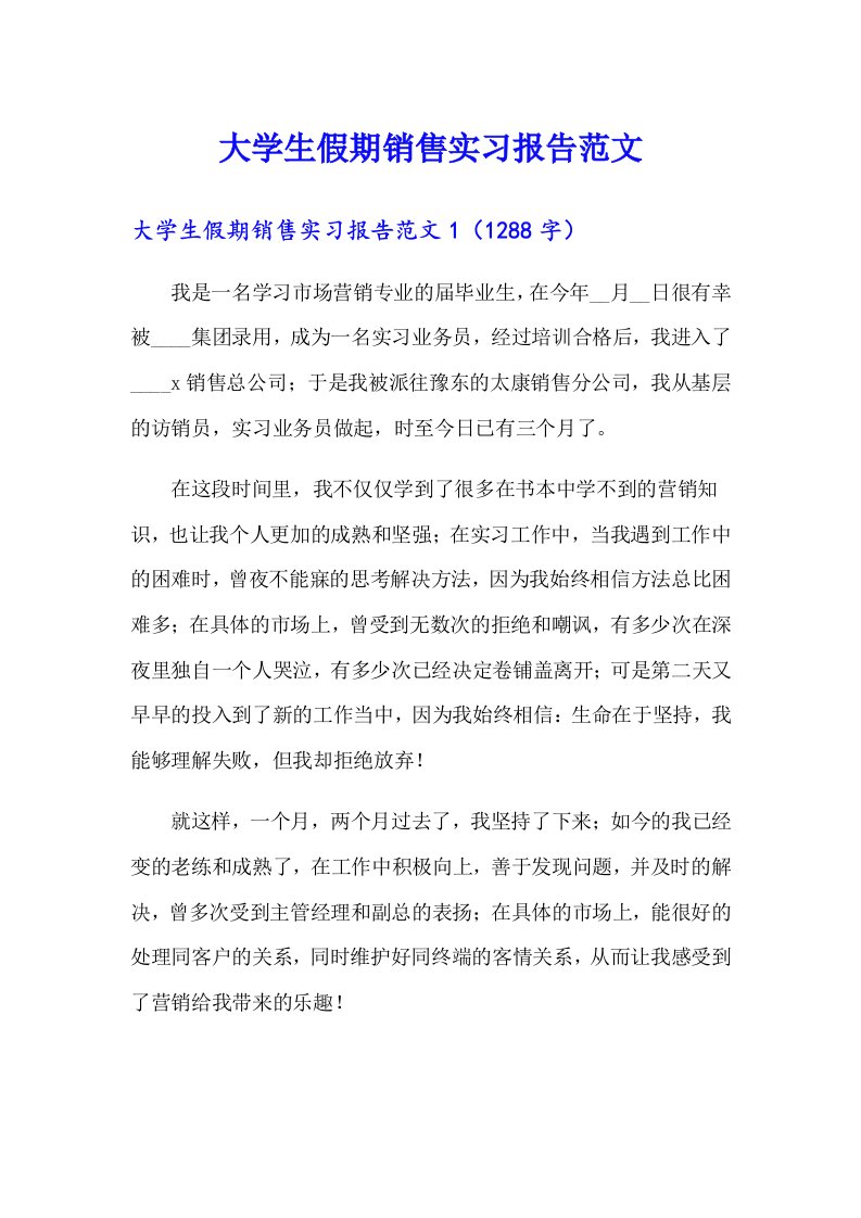 大学生假期销售实习报告范文