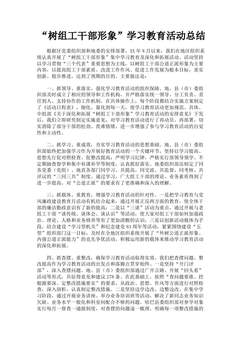 树组工干部形象学习教育活动总结