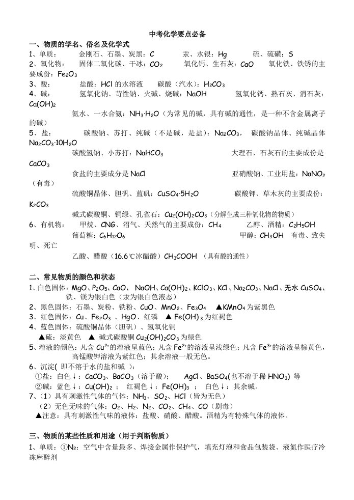 初中化学物质俗名、颜色、用途