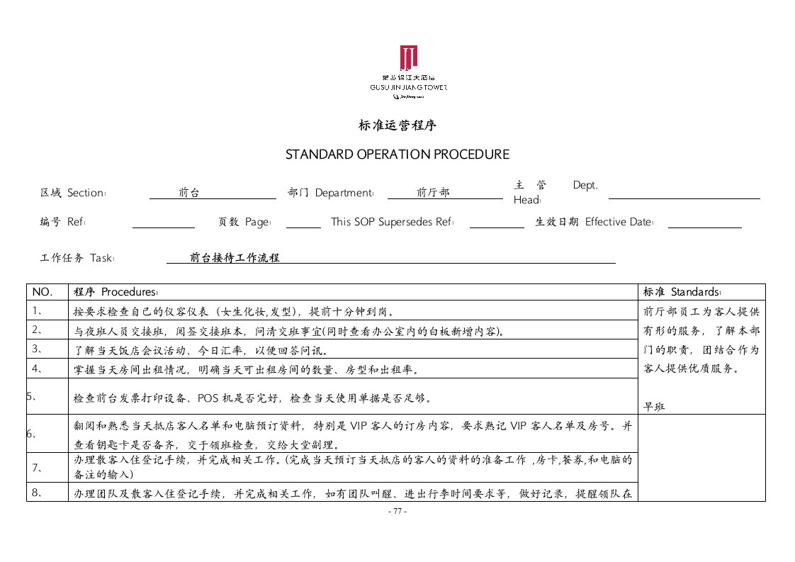 酒店培训--锦江国际酒店前厅部SOP（DOC106页）