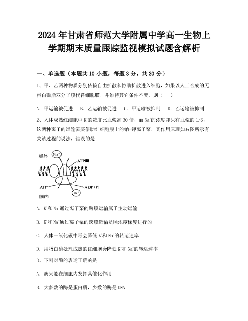 2024年甘肃省师范大学附属中学高一生物上学期期末质量跟踪监视模拟试题含解析