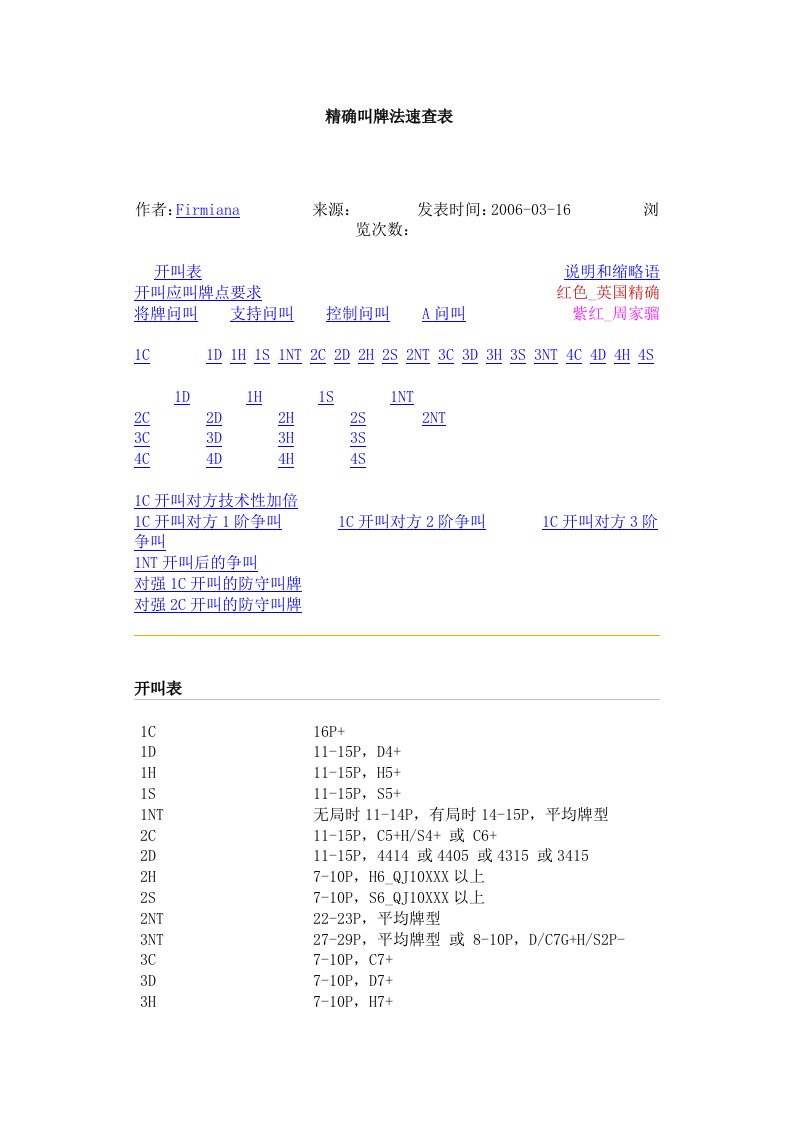 精确叫牌法速查表