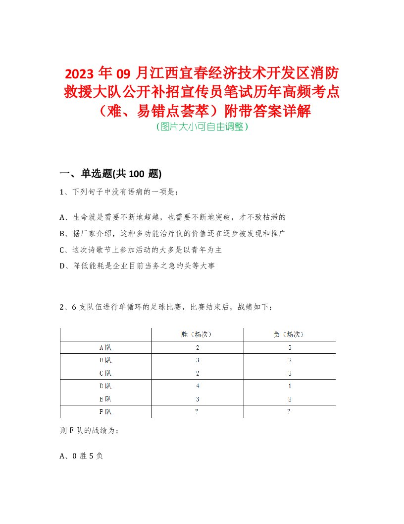 2023年09月江西宜春经济技术开发区消防救援大队公开补招宣传员笔试历年高频考点（难、易错点荟萃）附带答案详解