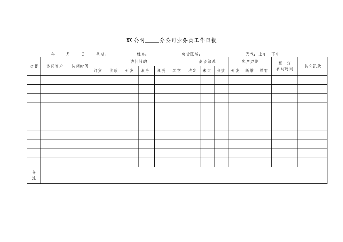 XX公司分公司业务员工作日报