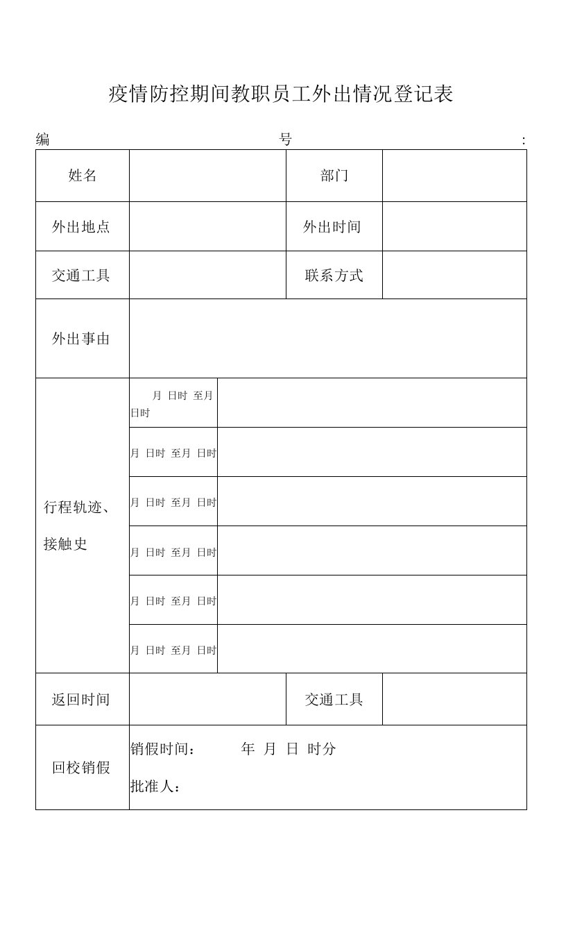 疫情防控期间教职员工外出情况登记表