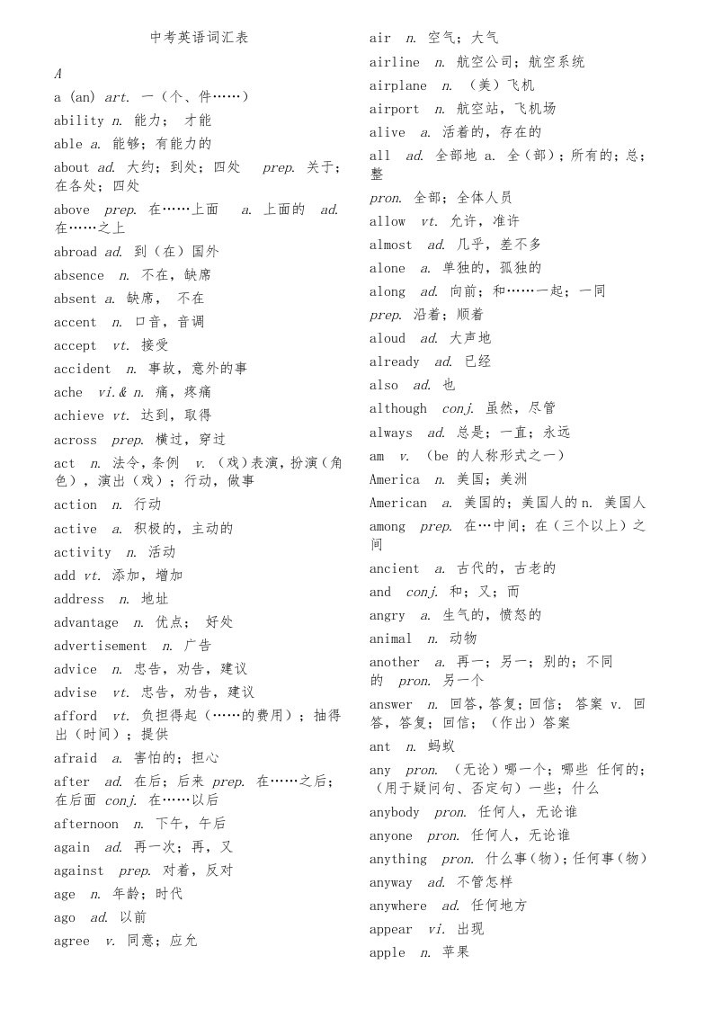 四川中考英语词汇表