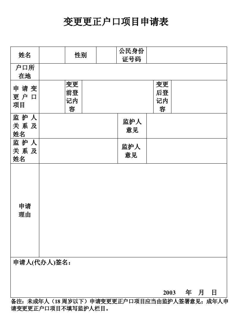 成都市变更更正户口项目申请表