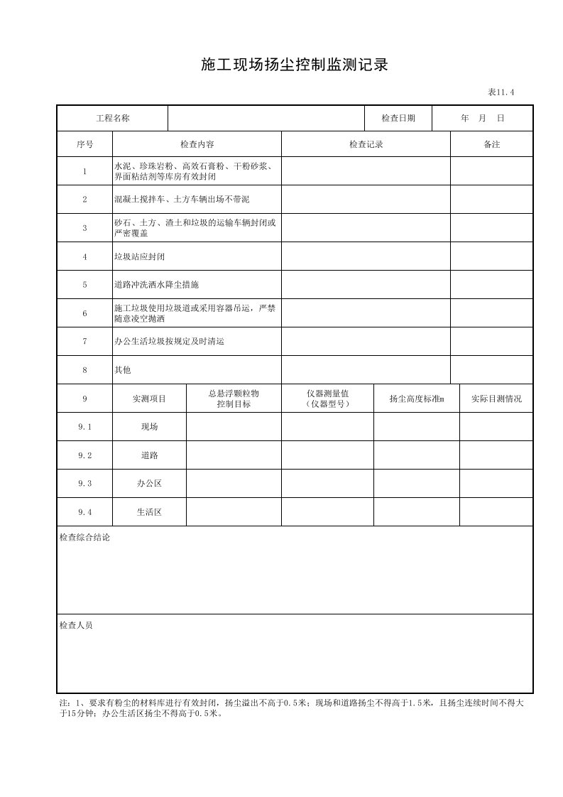 施工现场扬尘控制监测记录