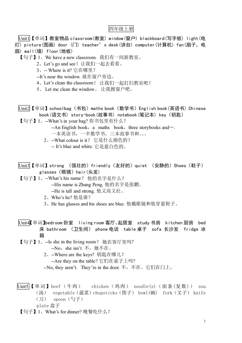 人教版小学英语四年级上册单词句子总结