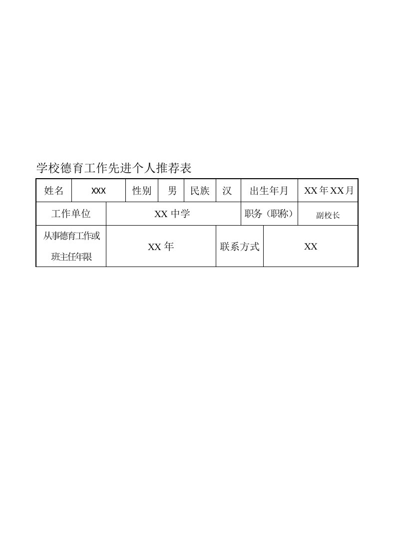 学校德育工作先进个人推荐表