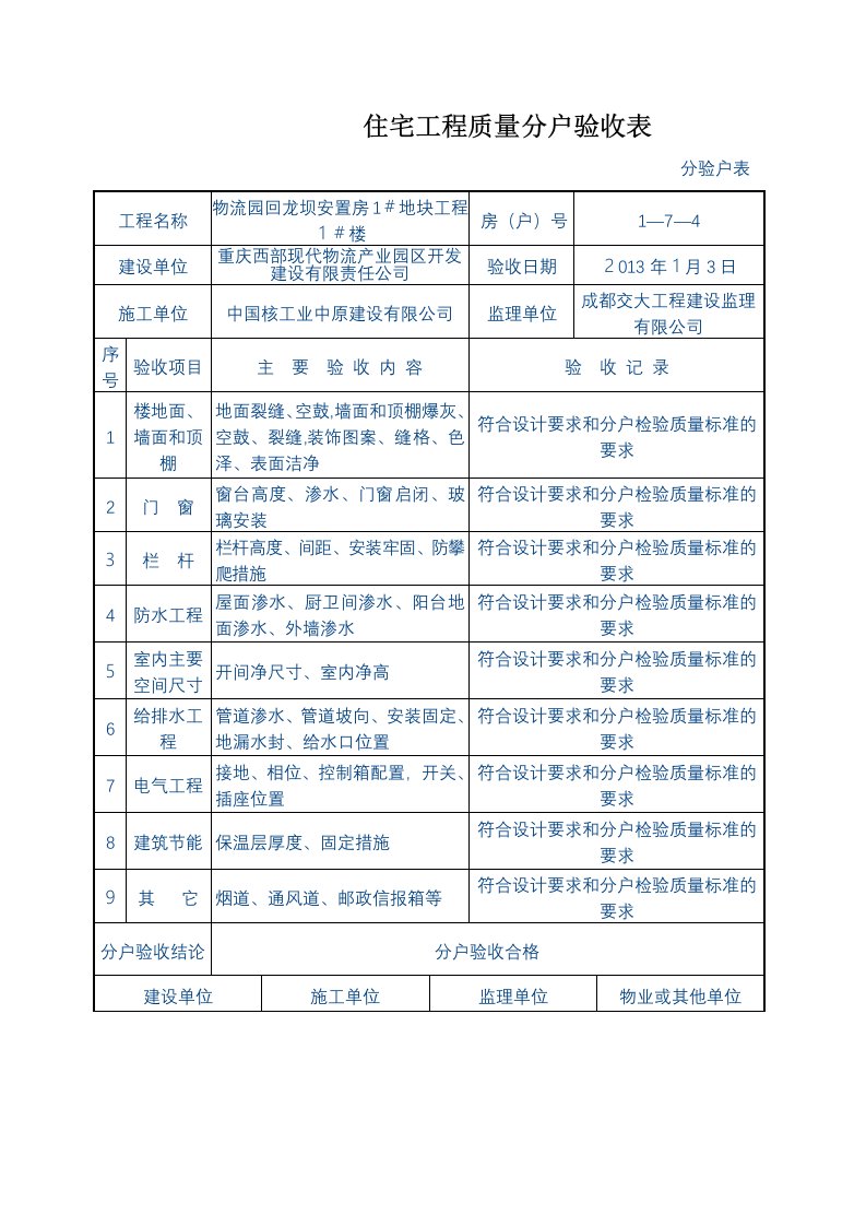 重庆市住宅工程分户验收表填写样例