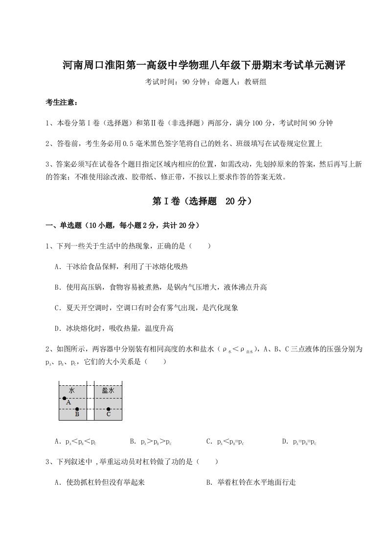 专题对点练习河南周口淮阳第一高级中学物理八年级下册期末考试单元测评试卷（解析版）