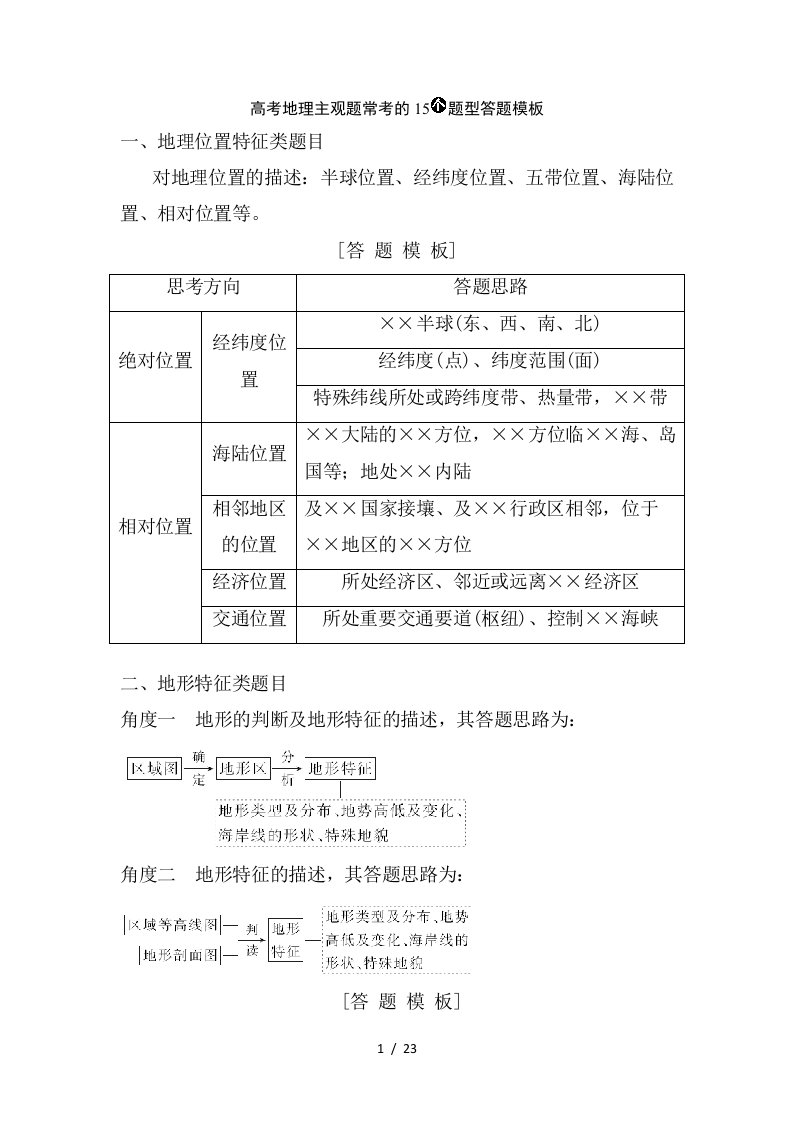 高考地理主观题常考的15个题型答题模板