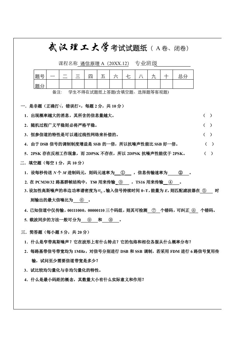 通信行业-通信原理A试题A0912122