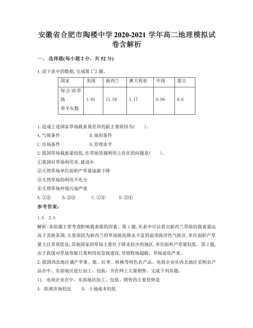 安徽省合肥市陶楼中学2020-2021学年高二地理模拟试卷含解析