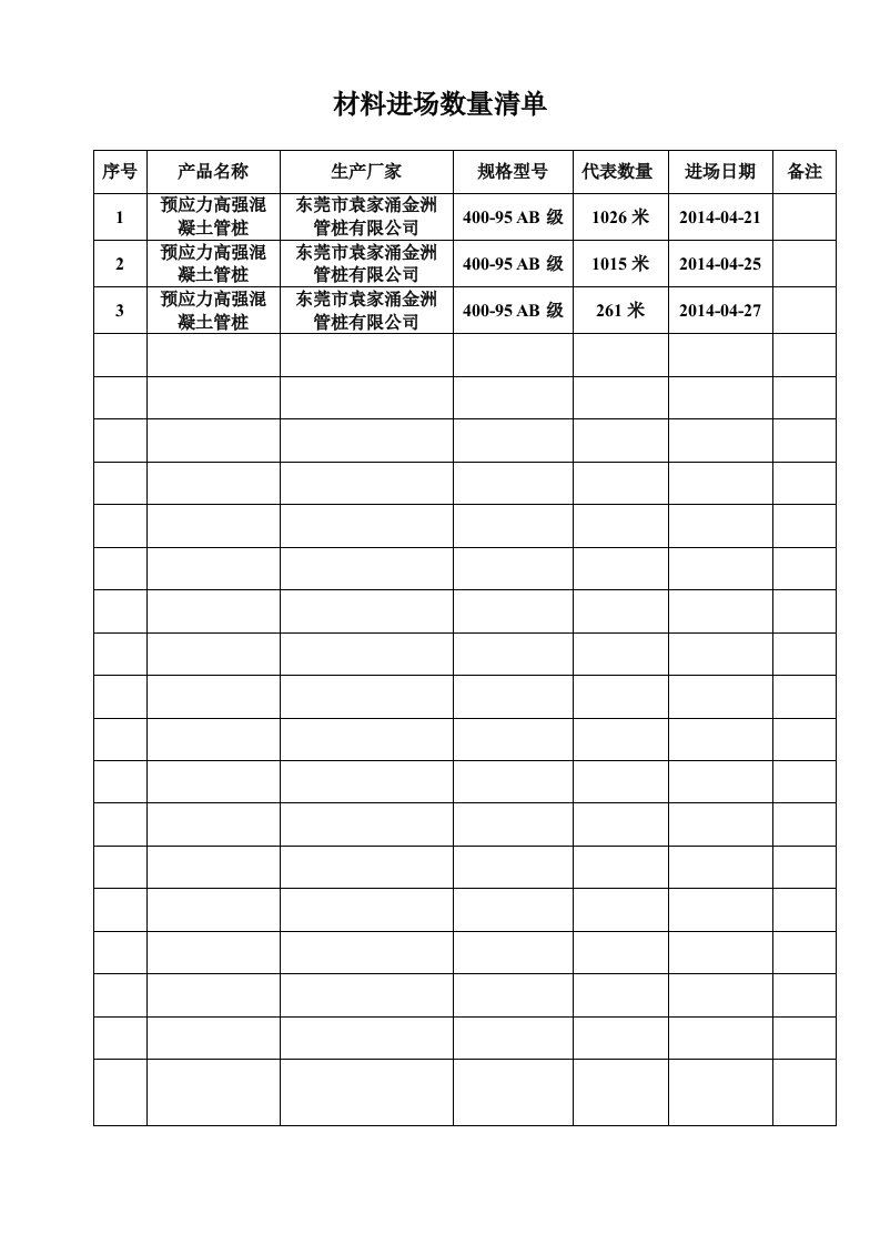 建筑工程-预制管桩进场台帐