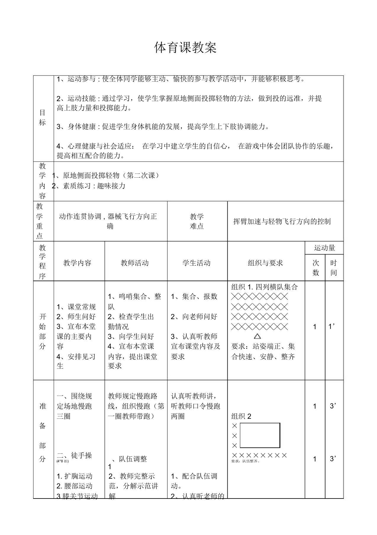 原地侧面投掷轻物体育课教案