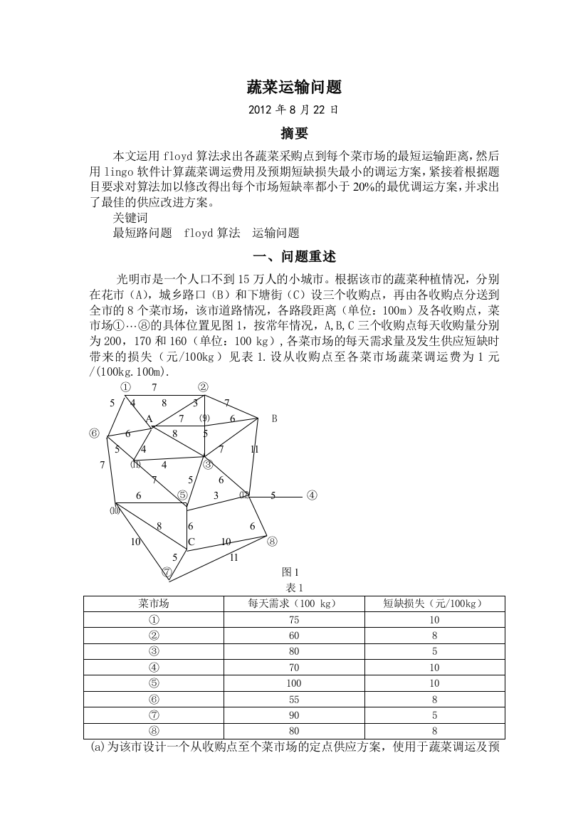 蔬菜运输问题数学建模