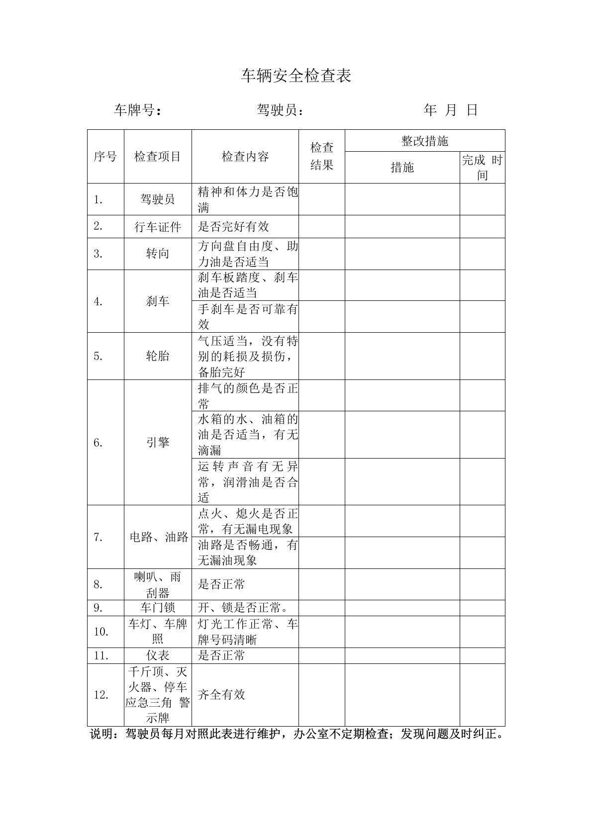 车辆安全检查卡