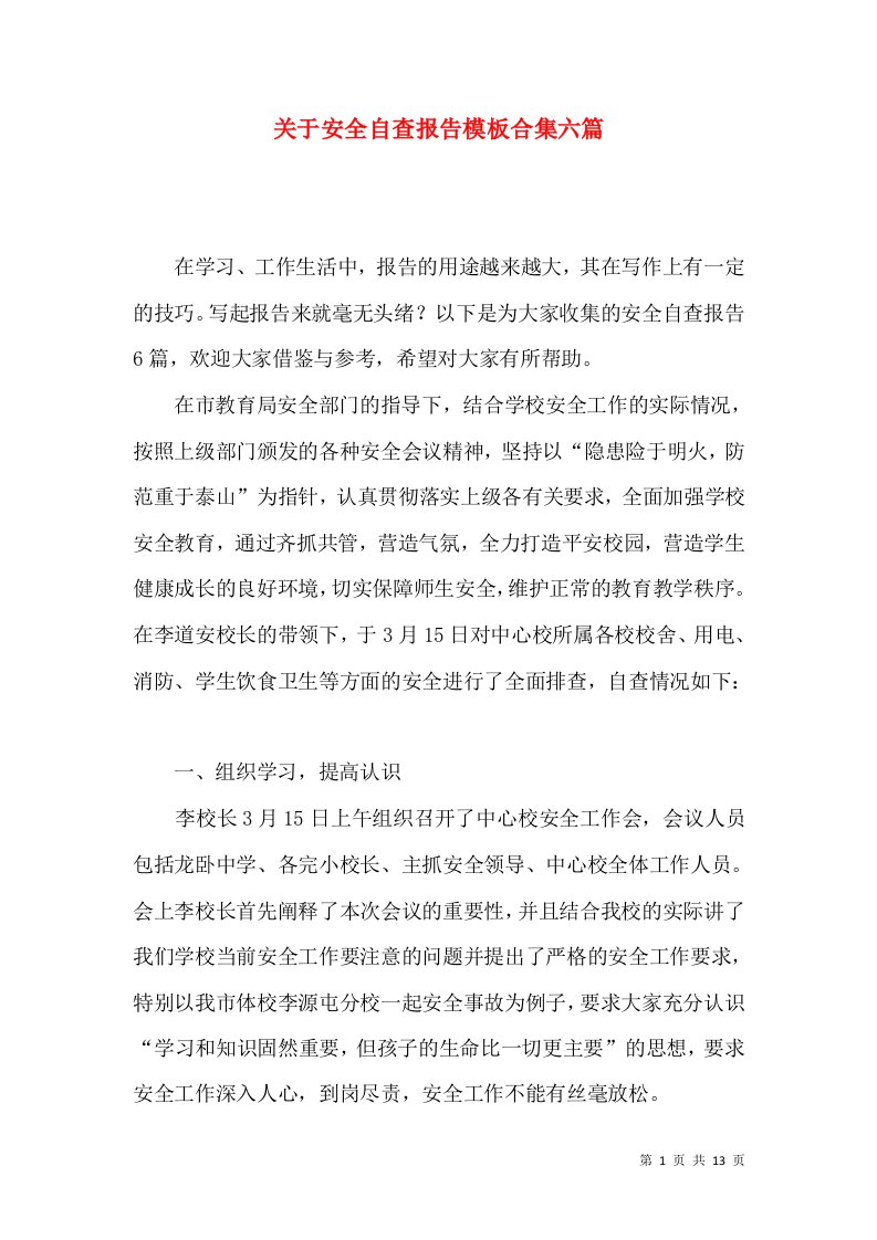 关于安全自查报告模板合集六篇