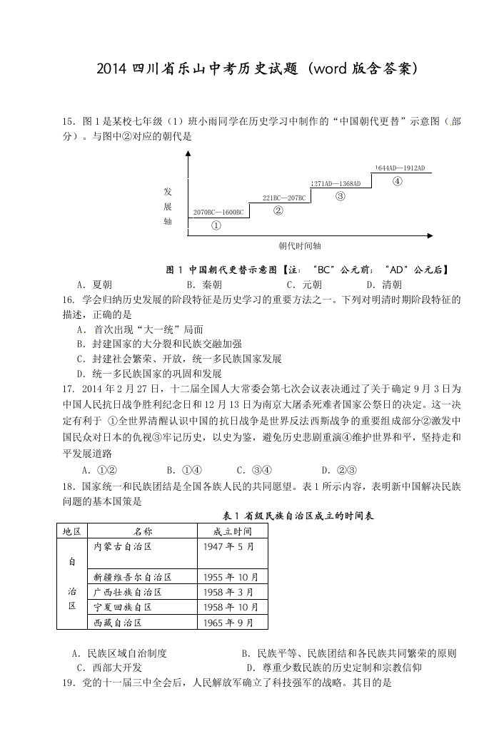 乐山市2014年中考历史试卷(含答案)