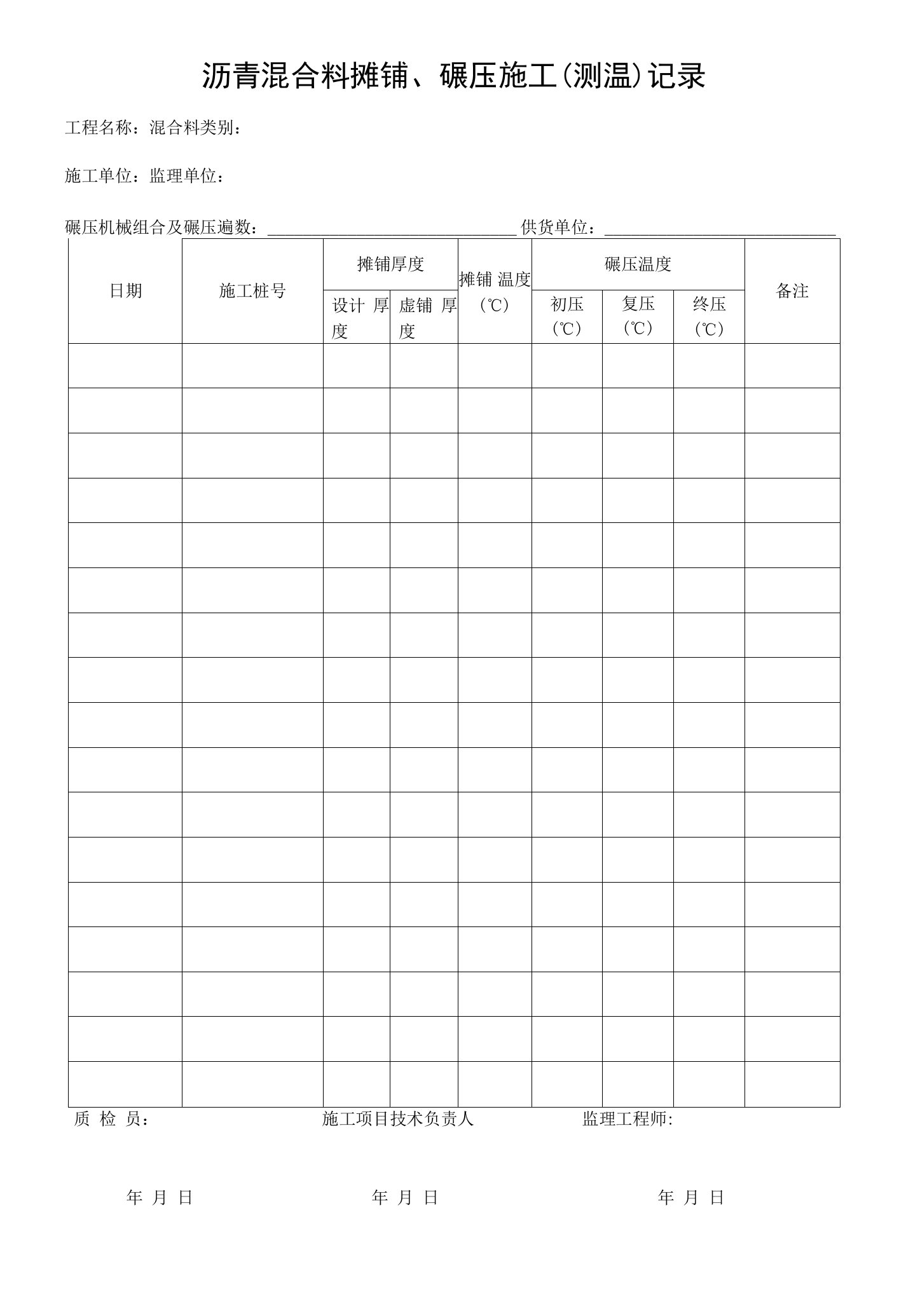 沥青混合料摊铺、碾压施工（测温）记录