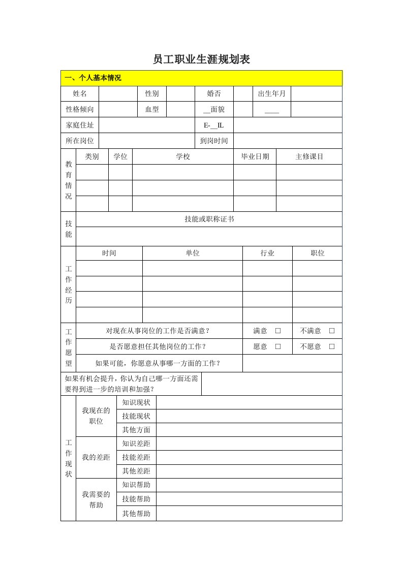 员工职业生涯规划表格