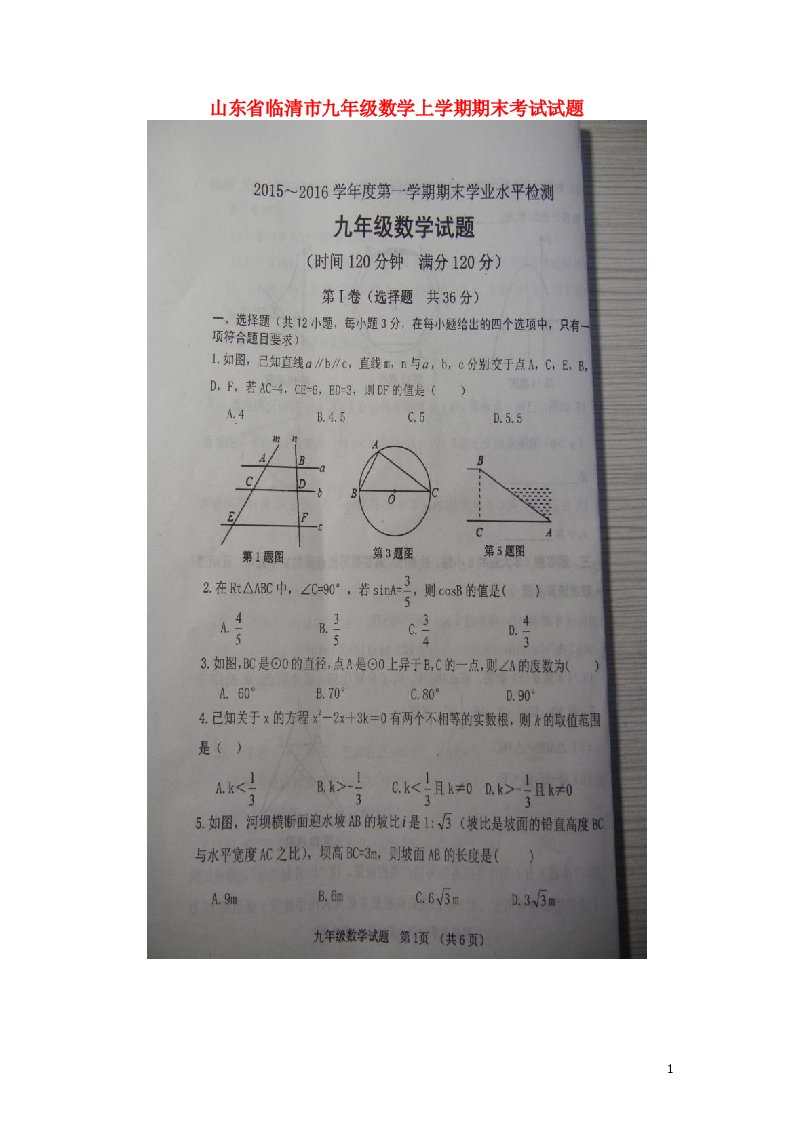 山东省临清市九级数学上学期期末考试试题（扫描版）