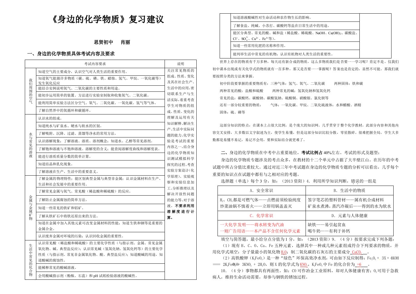 2014年化学中考身边的化学物质专题复习