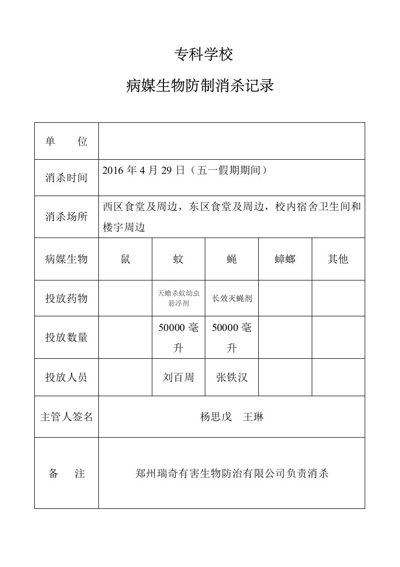 病媒生物防制消杀记录