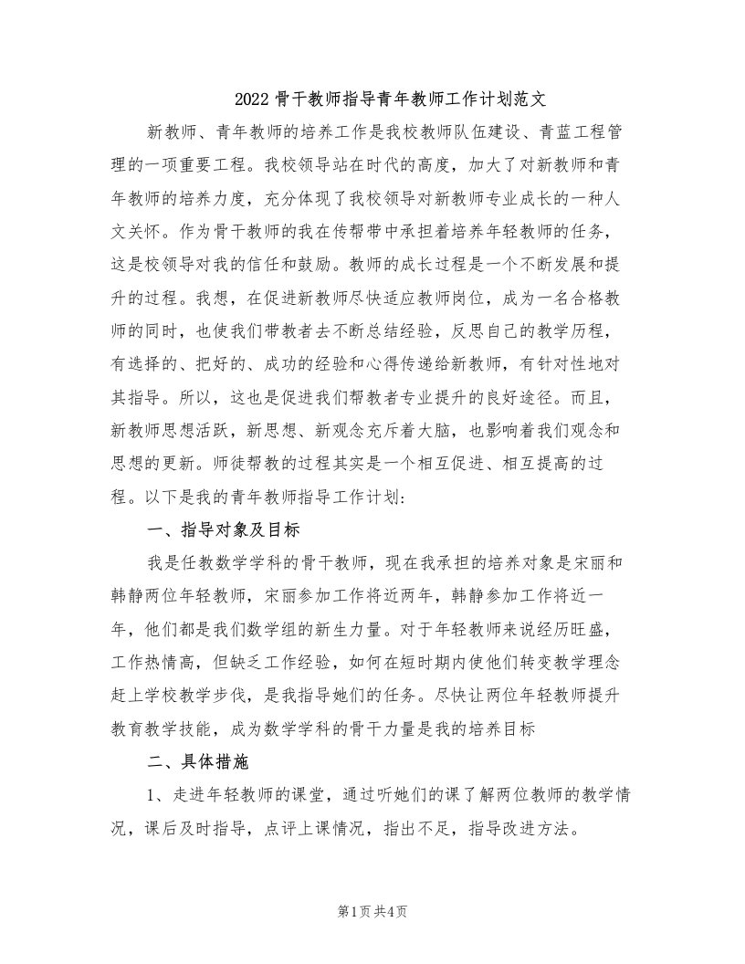 2022骨干教师指导青年教师工作计划范文