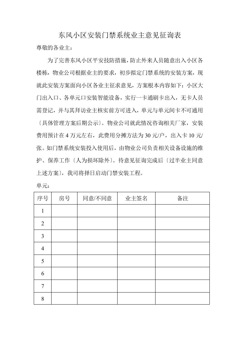 东风小区安装门禁系统业主意见征询表