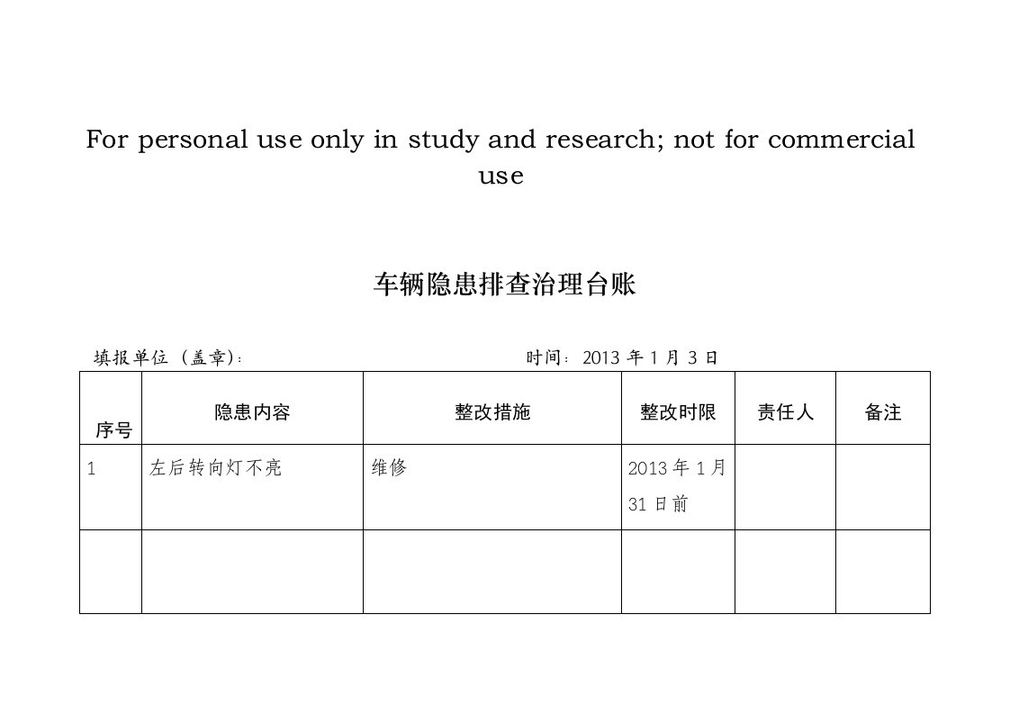 车辆隐患排查治理台账