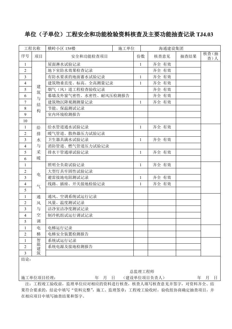 单位工程安全和功能检验资料核查及主要功能抽查记录