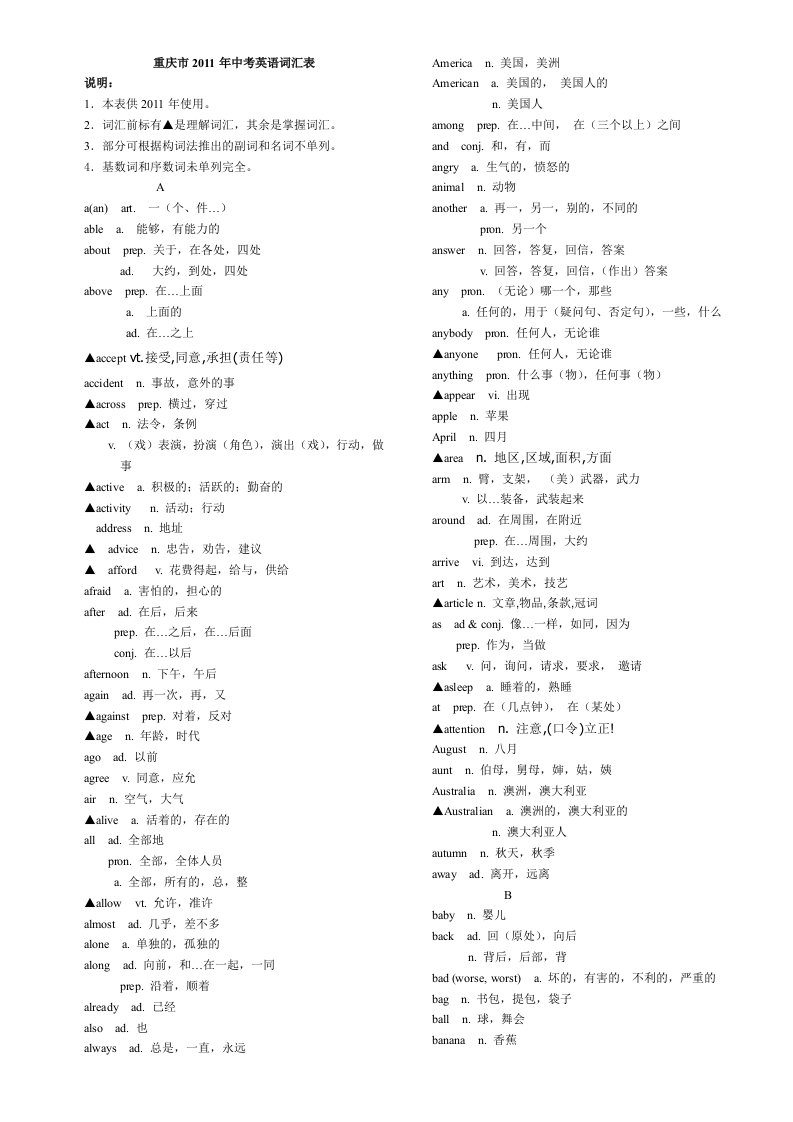 重庆市2011中考英语词汇表
