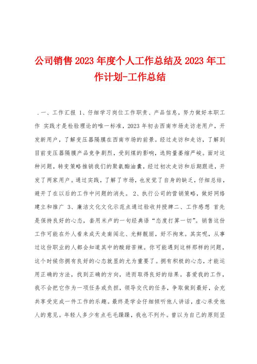 公司销售2023年度个人工作总结及2023年工作计划