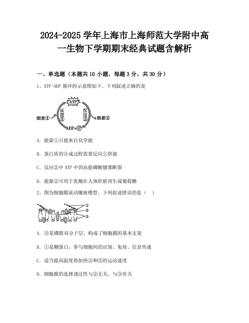 2024-2025学年上海市上海师范大学附中高一生物下学期期末经典试题含解析